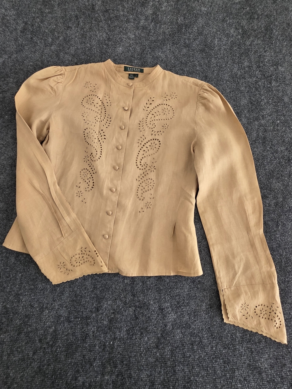 Lauren Ralph Lauren 100% Linen Eyelet Paisley Blouse Size L Tan Long Sleeve